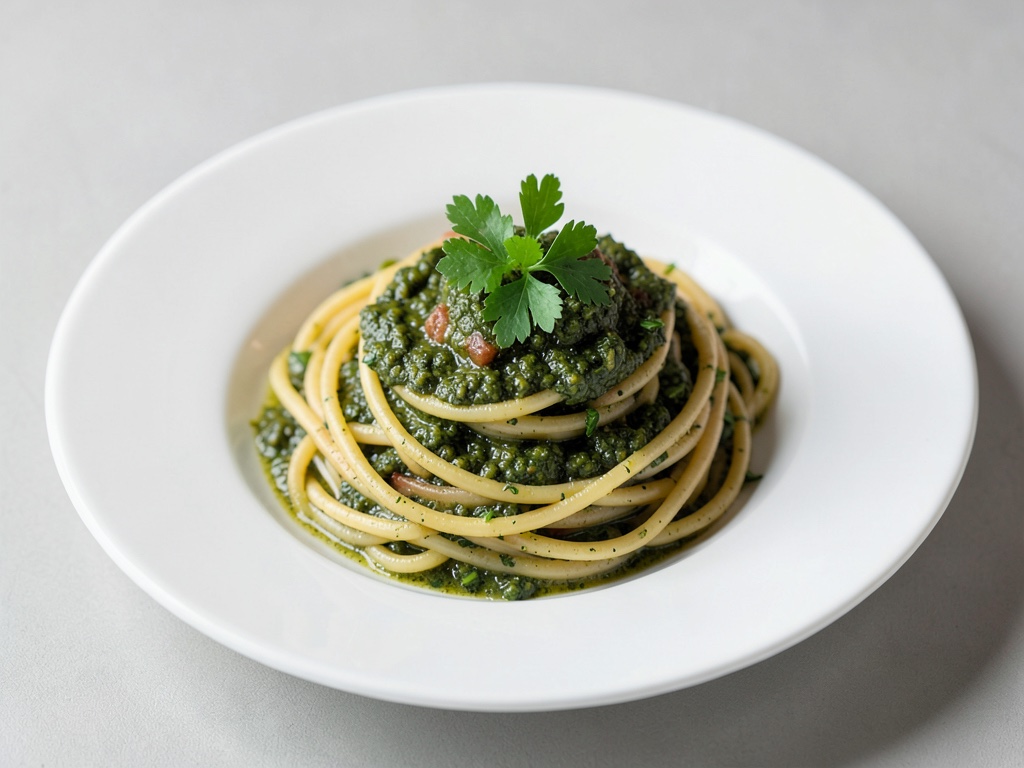 Emmer-Spaghetti mit frischem Kräuter-Pesto
