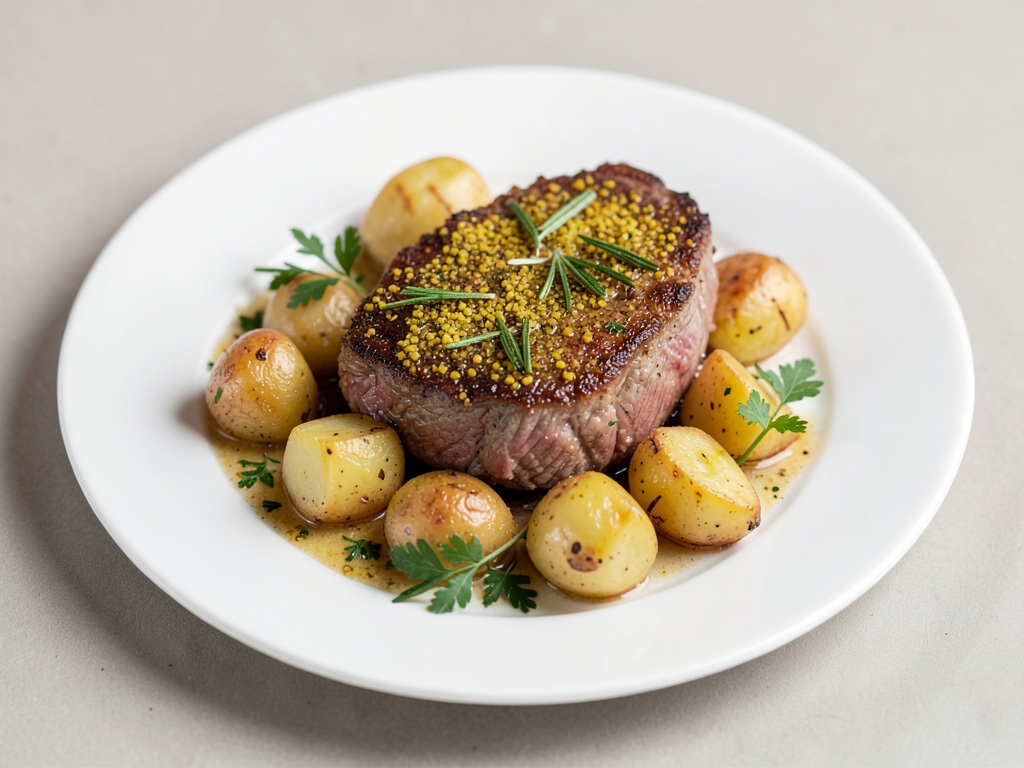 Filetto di manzo succulento con crosta di senape e rosmarino e patate al forno