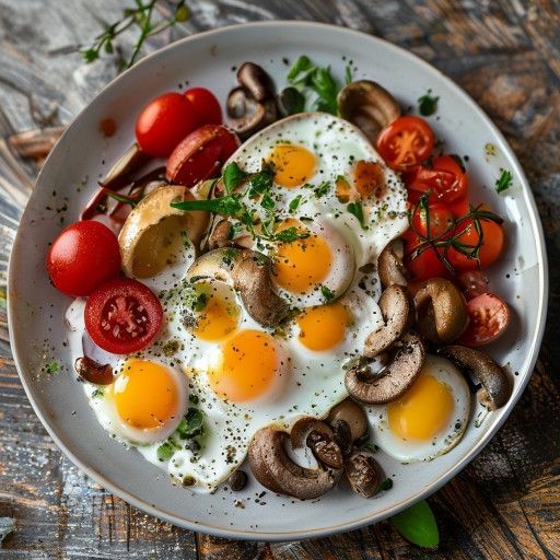 Desayuno inglés con huevos fritos, champiñones y tomates