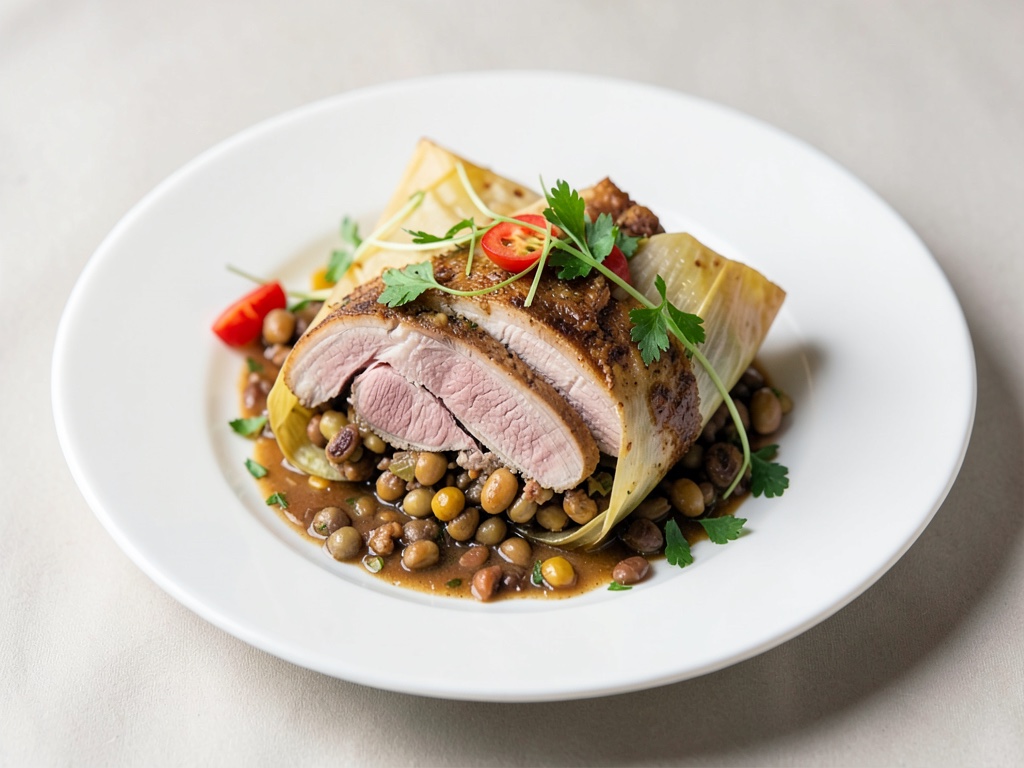 Tamales de poitrine de canard farcis aux haricots dans des feuilles de maïs