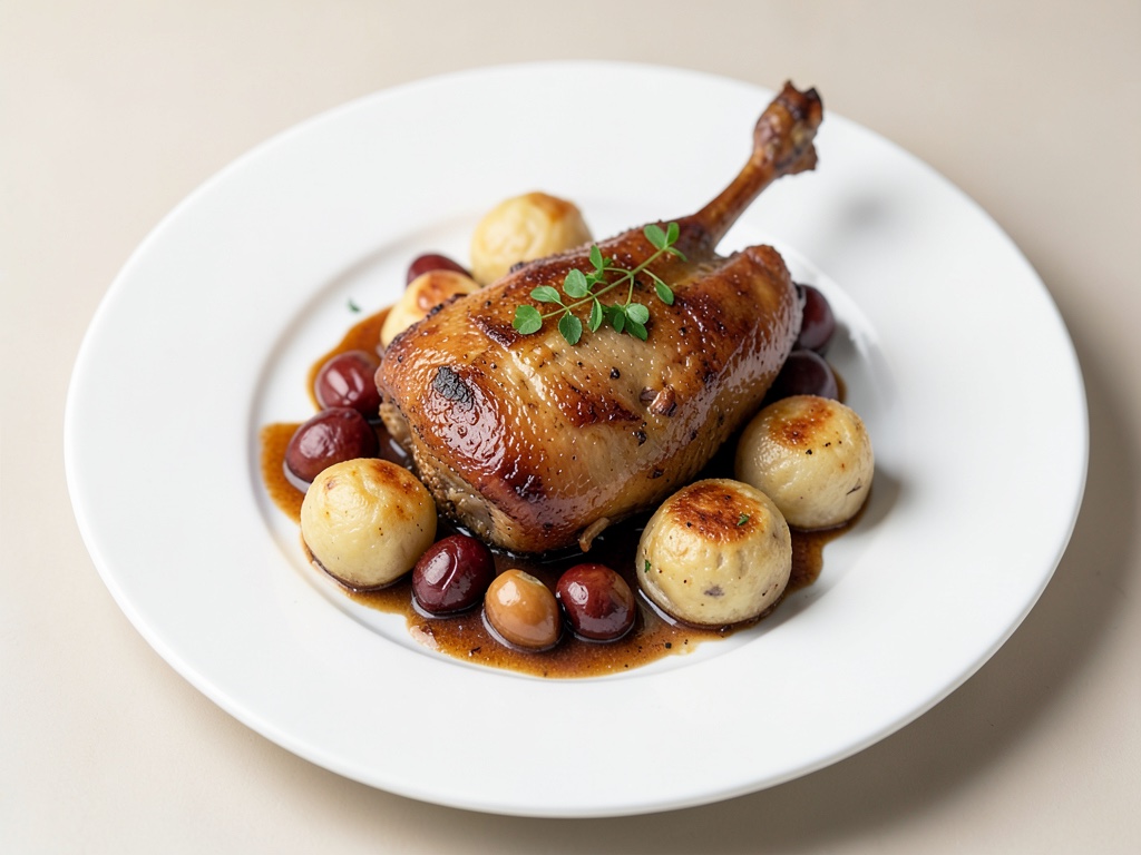 Canard croustillant aux châtaignes et boulettes de pain