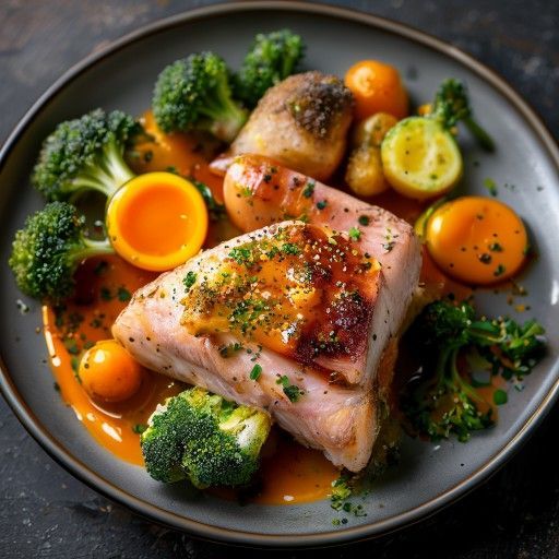 Petto d'anatra croccante con polpette di patate, broccoli e salsa all'arancia