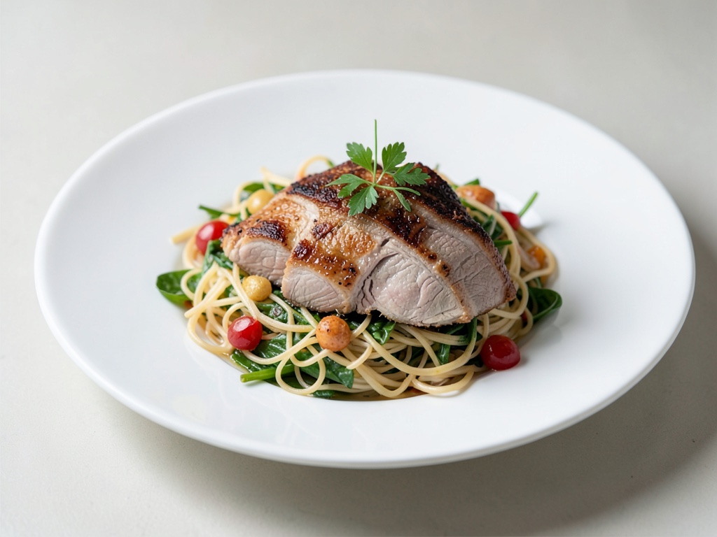 Petto d'anatra croccante su insalata di noodles di vetro freschi