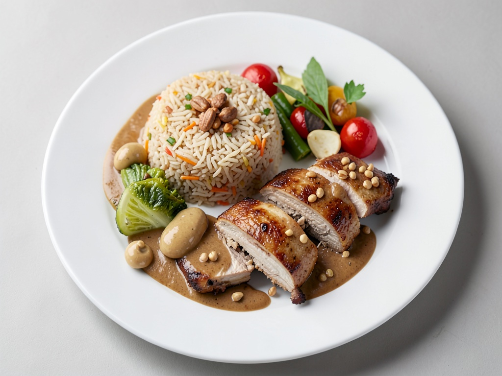 Magret de canard croustillant avec riz, légumes et sauce crémeuse à l'arachide