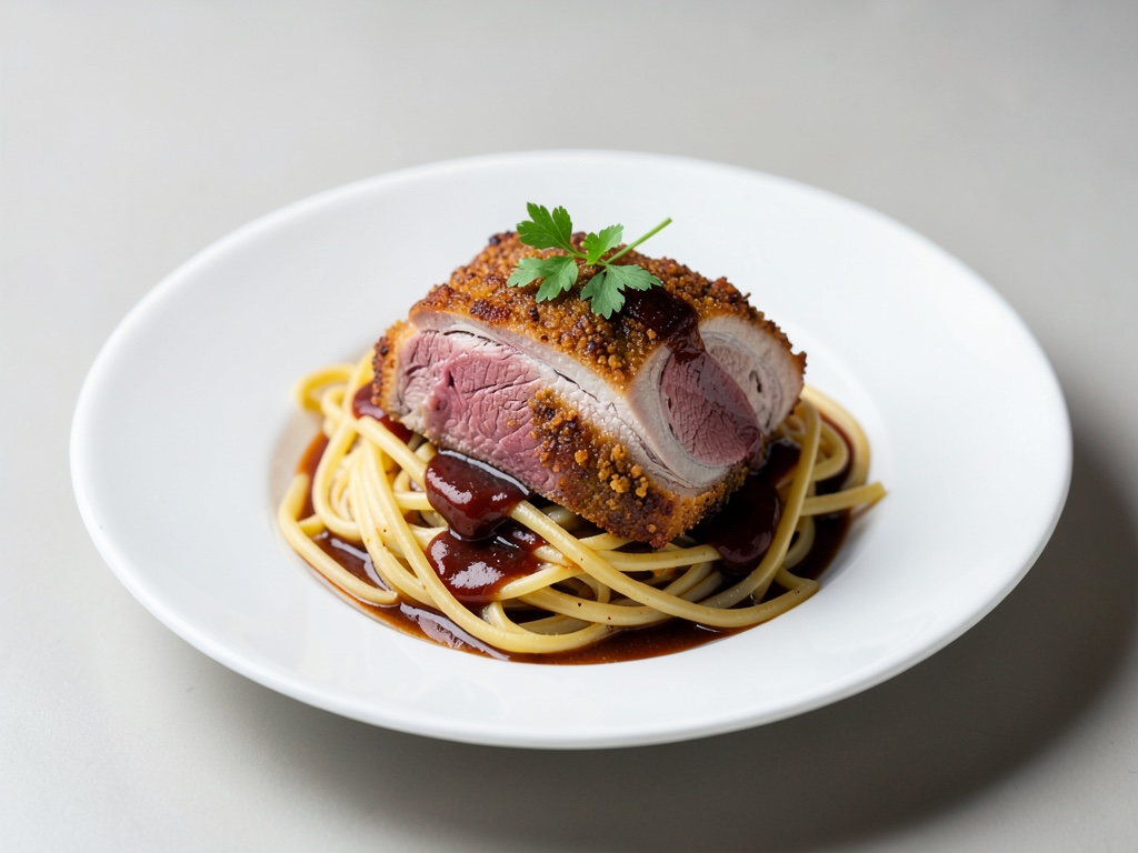 Petto d'anatra croccante su pasta con salsa al Marsala