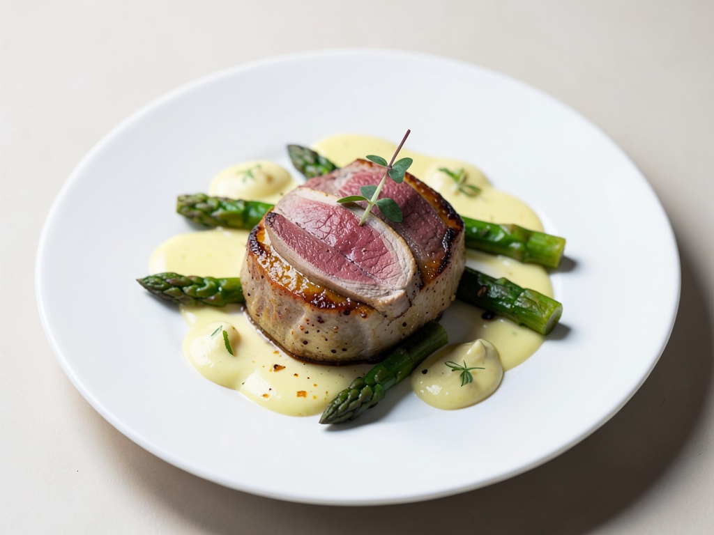 Flan di petto d'anatra con asparagi e olandese