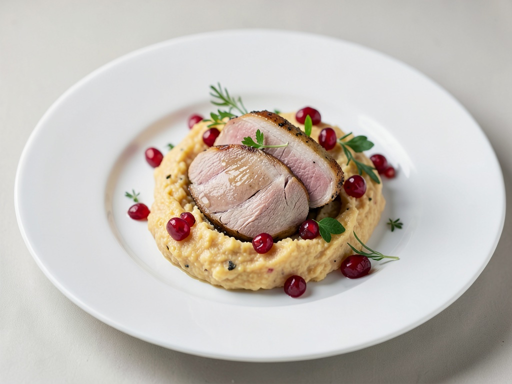 Poitrine de canard tendre sur purée crémeuse de patates douces à la grenade
