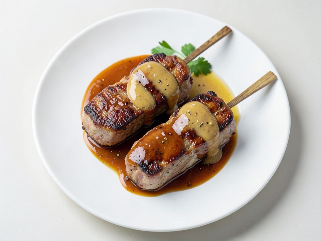Spiedini di petto d'anatra marinato con salsa cremosa alle prugne