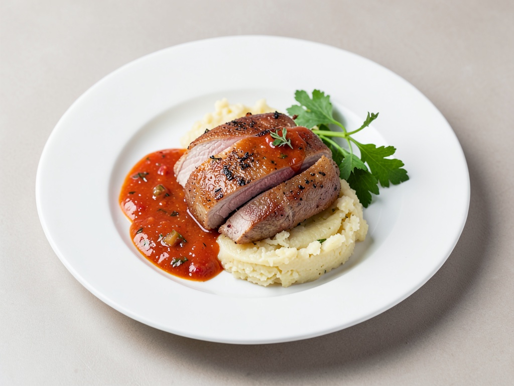 Knusprige Entenbrust mit Kumquat-Sauce und Kartoffelgratin