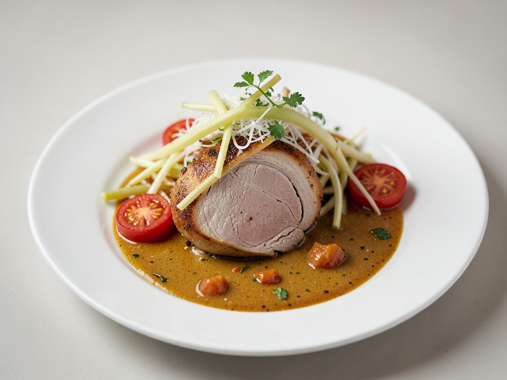Duck breast with bamboo shoots, tomatoes and coconut curry
