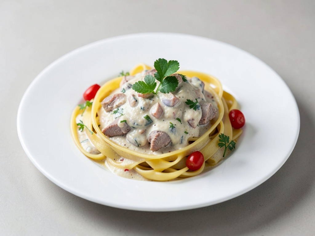 Ragoût de viande de canard crémeux sur tagliatelles