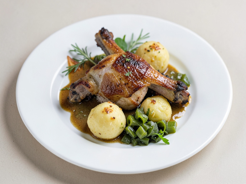 Cosce d'anatra croccanti con gnocchi di patate fatti in casa e crauti acidi