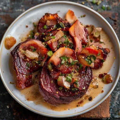 Entrecôte rosa al forno con croccante crosta di pancetta e salsa allo scalogno