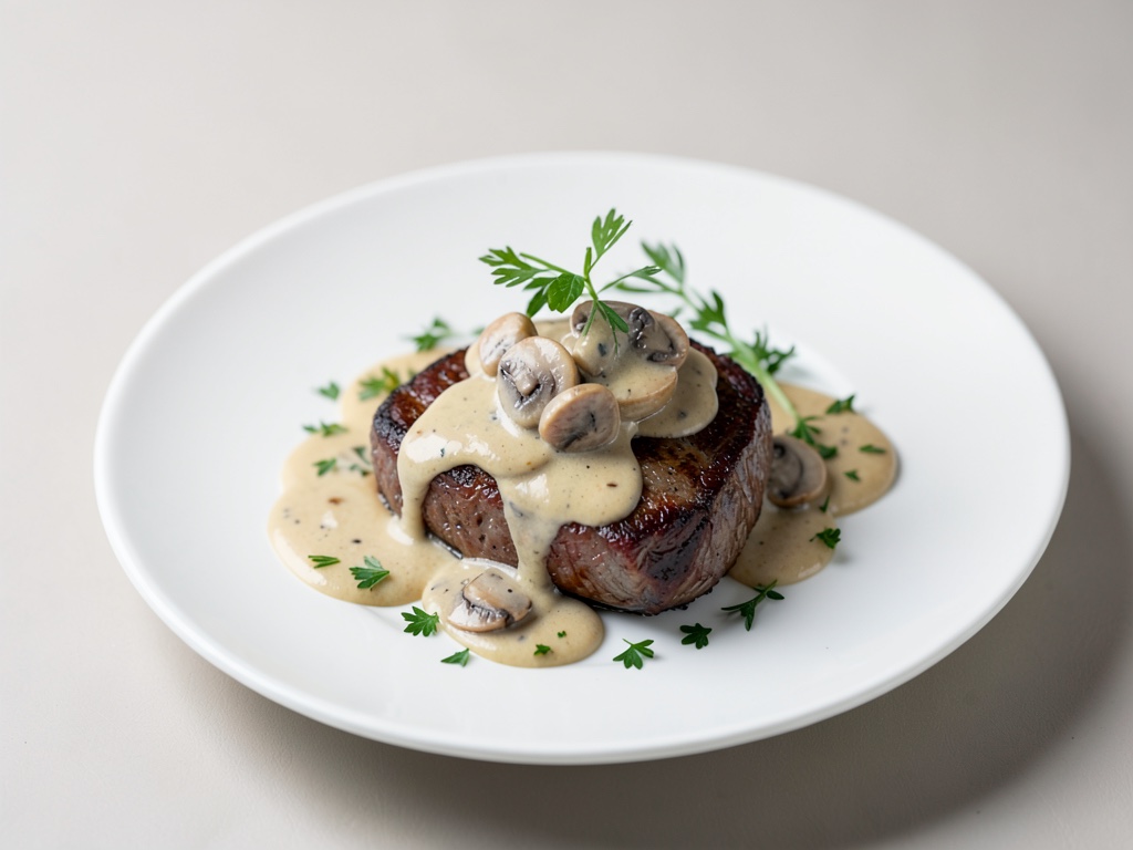 Entrecôte succulento con salsa ai funghi cremosa