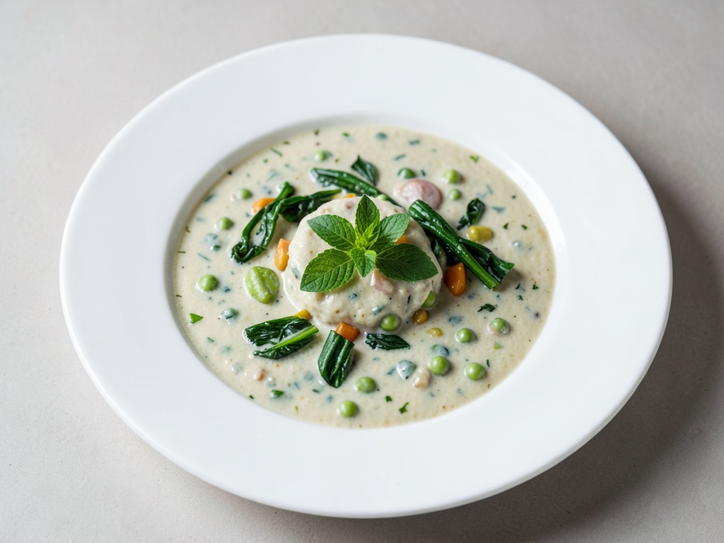 Sopa cremosa de guisantes y menta con verduras crujientes