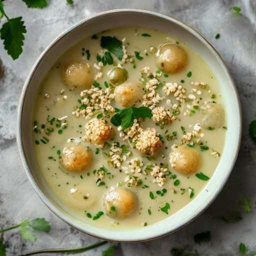 Sopa cremosa de guisantes y menta con bolitas crujientes de arroz y sésamo