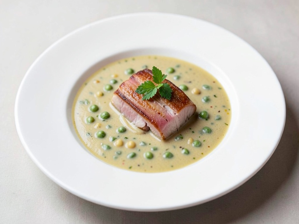 Sopa cremosa de guisantes y pimiento con jamón