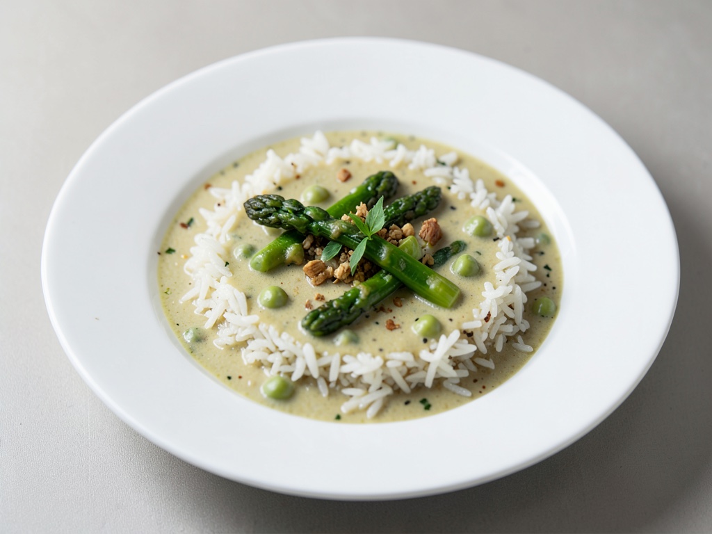 Sopa cremosa de guisantes y espárragos con arroz