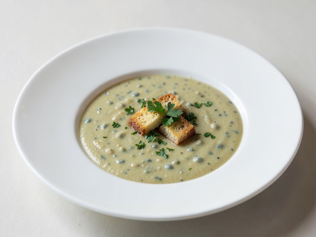 Zuppa cremosa di piselli con crostini