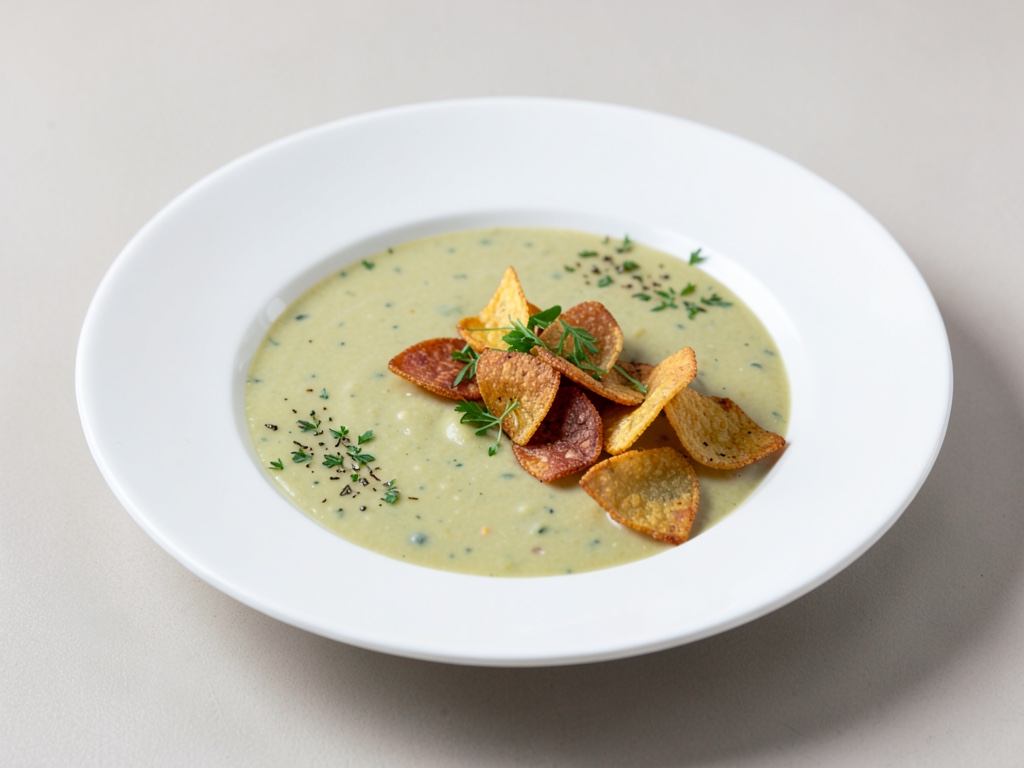 Zuppa cremosa di piselli con chips di verdure croccanti