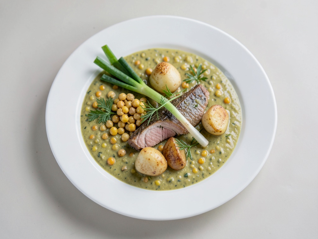 Zuppa cremosa di piselli con pesce affumicato
