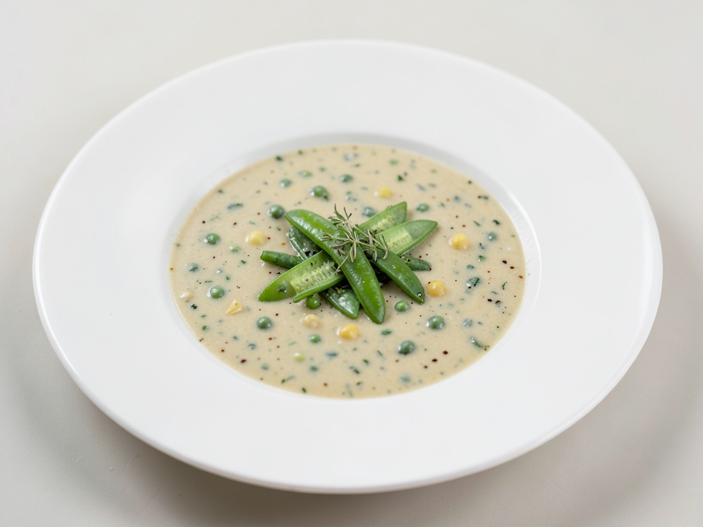 Zuppa cremosa di piselli con baccelli croccanti