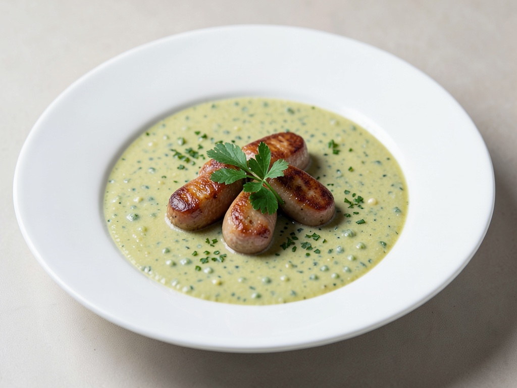 Zuppa cremosa di piselli con salsicce