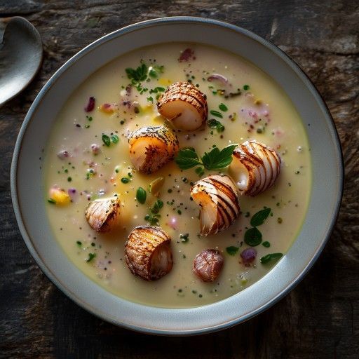Zuppa fredda di piselli con scaloppine di pettine fritte