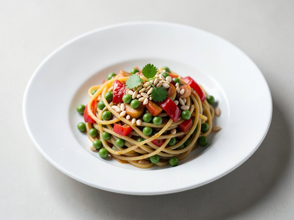 Pasta di piselli con peperoni e pinoli