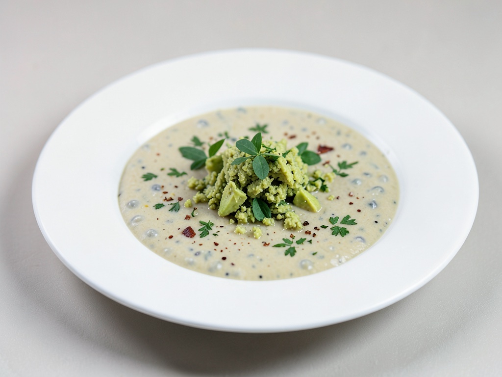 Zuppa cremosa di piselli con croccante topping all'avocado