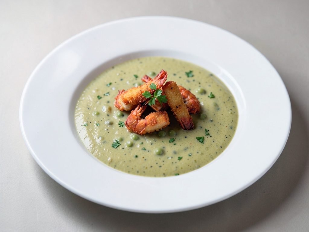 Zuppa cremosa di piselli con granchi di fiume croccanti