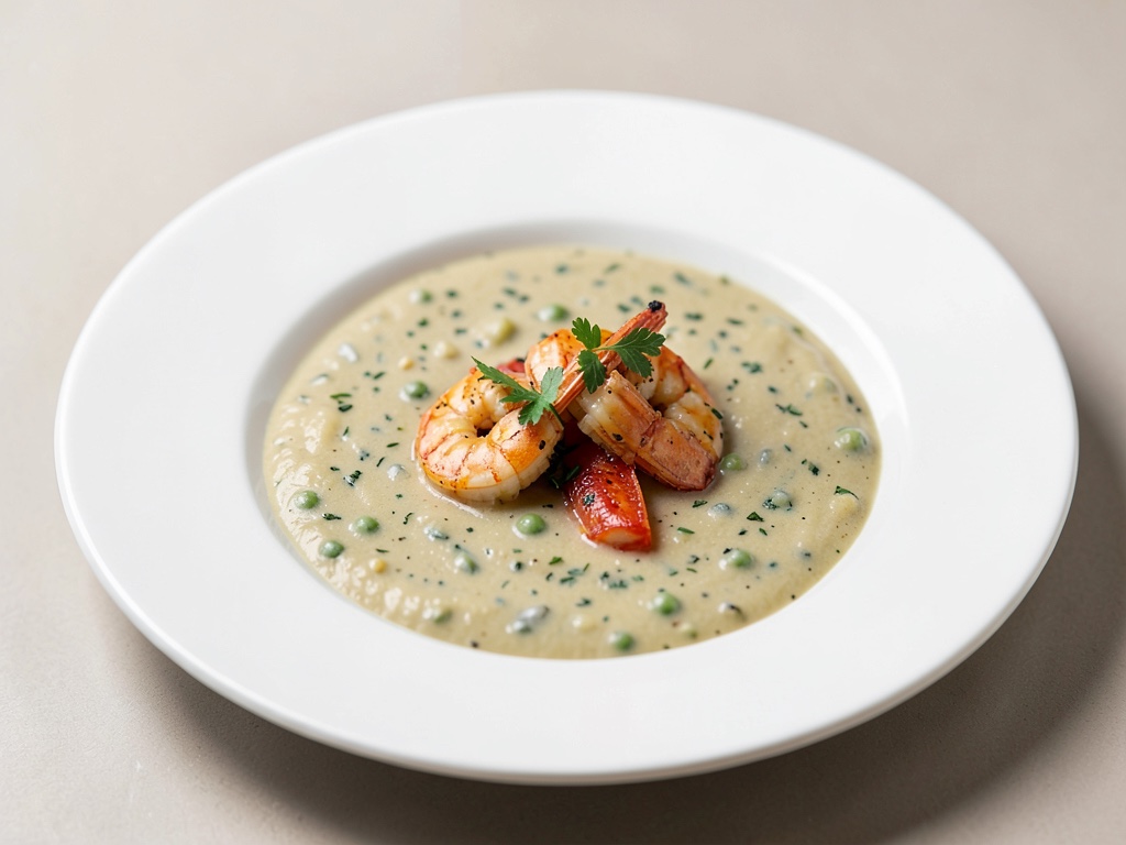 Soupe crémeuse aux pois et crevettes épicées