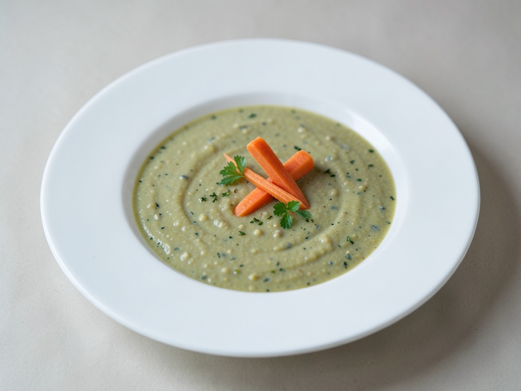 Zuppa cremosa di piselli con sottili bastoncini di carota