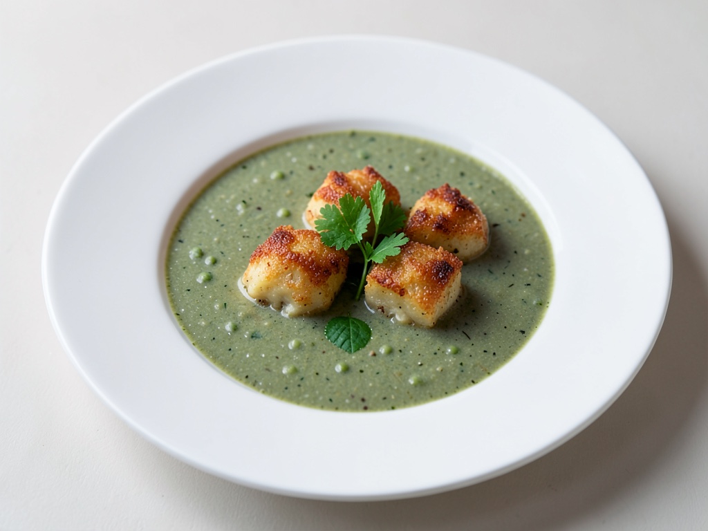 Zuppa di piselli con crocchette di patate croccanti