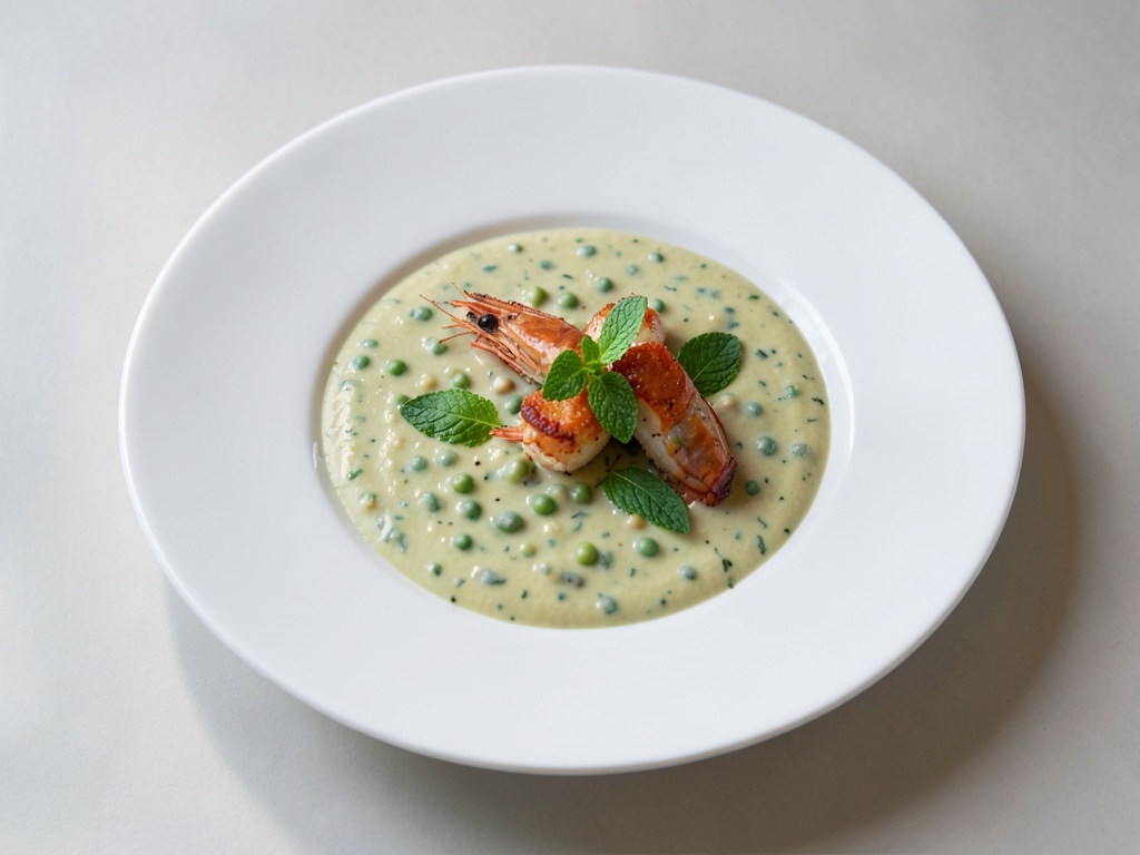 Zuppa cremosa di piselli con menta e langostinos