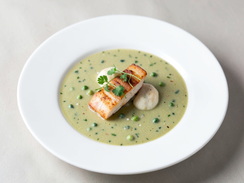 Sopa cremosa de guisantes con suave halibut