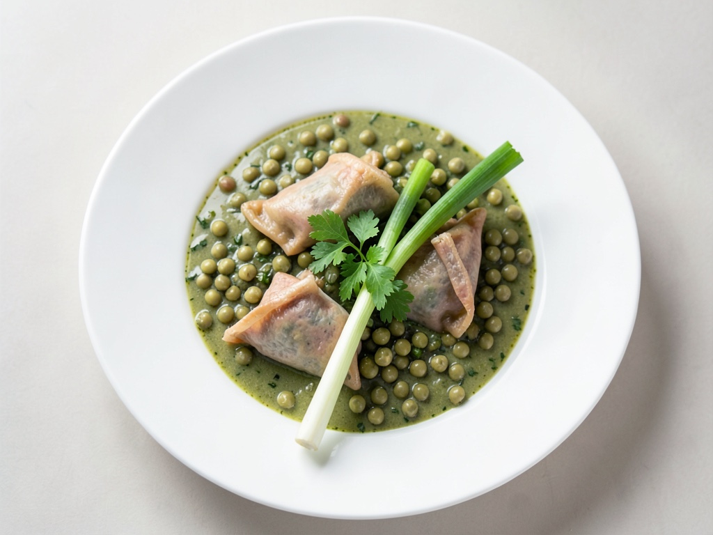 Zuppa cremosa di piselli con ravioli dorati