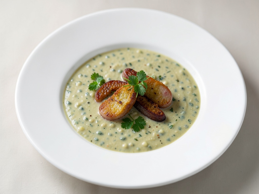 Zuppa cremosa di piselli con salsiccia fritta
