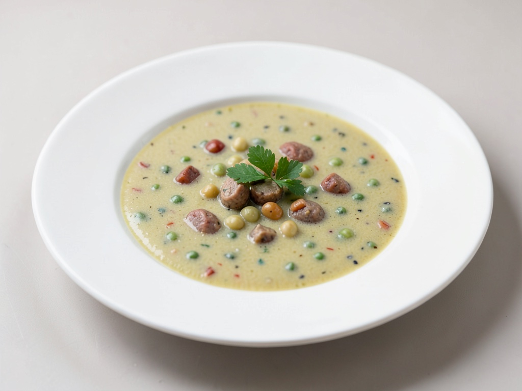 Zuppa cremosa di piselli e salsicce
