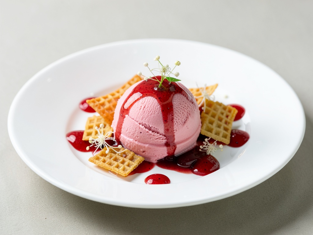 Gelato alla fragola con sciroppo di sambuco e cracker al waffle