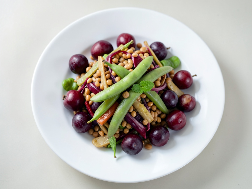 Insalata di lenticchie fruttata con fragole, rabarbaro e edamame