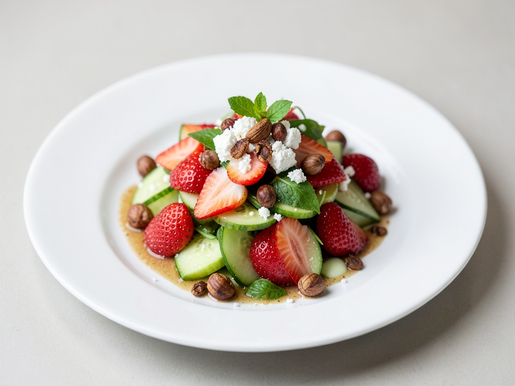 Insalata fresca di fragole e cetrioli con nocciole tostate e feta
