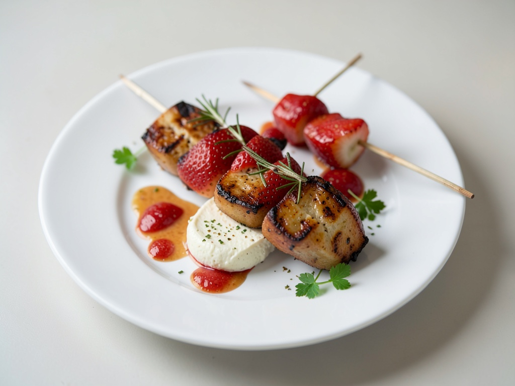 Gegrillte Erdbeer-Rosmarin-Spieße mit Quark-Mousse