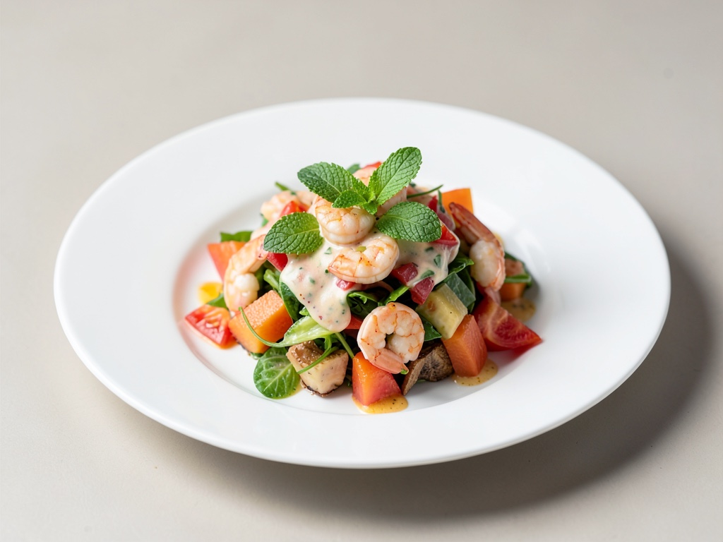 Insalata di melone con gamberi e condimento al pomodoro e menta