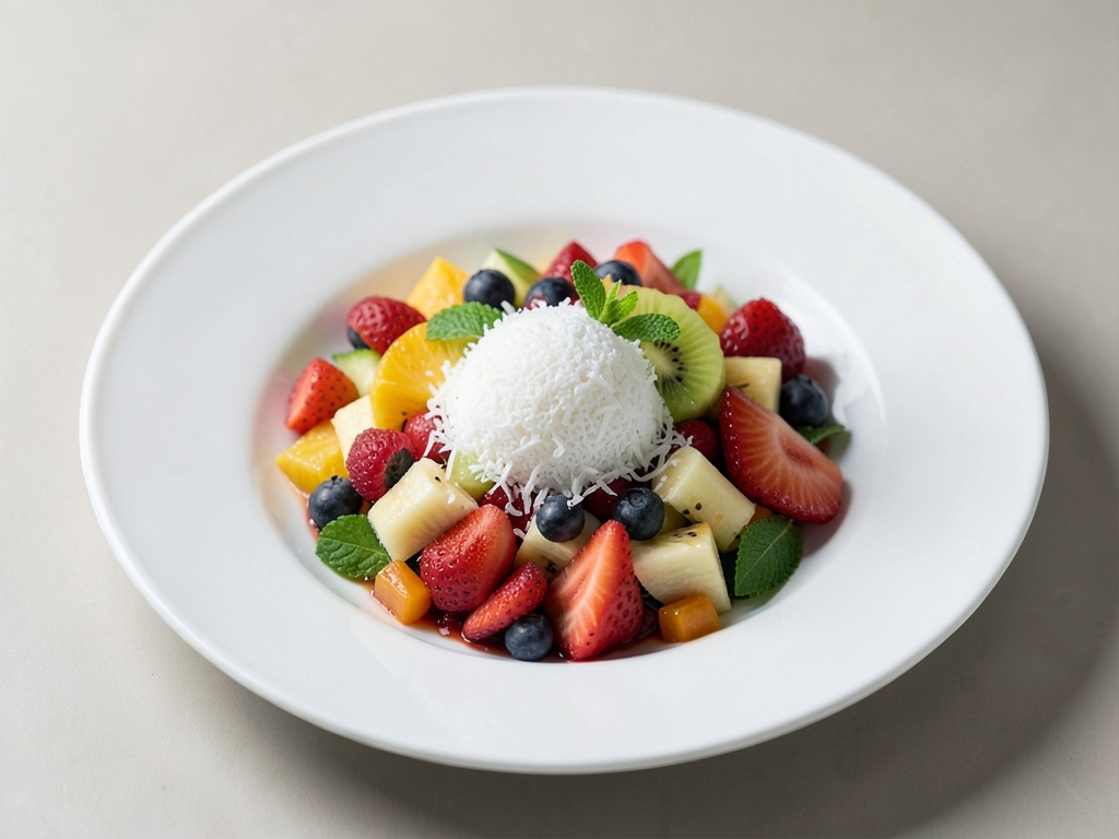 Insalata di frutta tropicale con granita al cocco