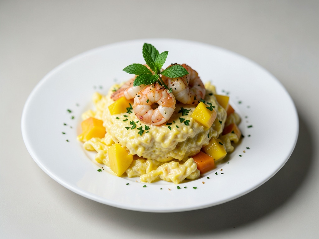 Tropisches Rührei mit Garnelen und Mango