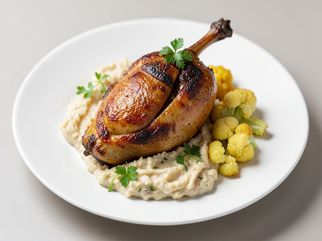 Fagiano arrosto con purè cremoso di pastinaca e patate e cavolfiore dorato