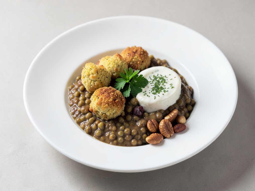 Bowl di lenticchie per il benessere con nugget di cavolfiore, salsa alle erbe e noci tostate