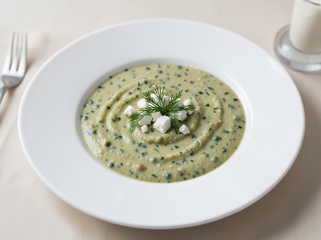Zuppa cremosa di piselli con feta e aneto