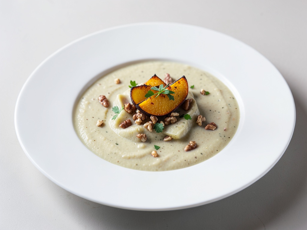Soupe crémeuse de topinambour avec noix de citrouille et sauge croustillantes